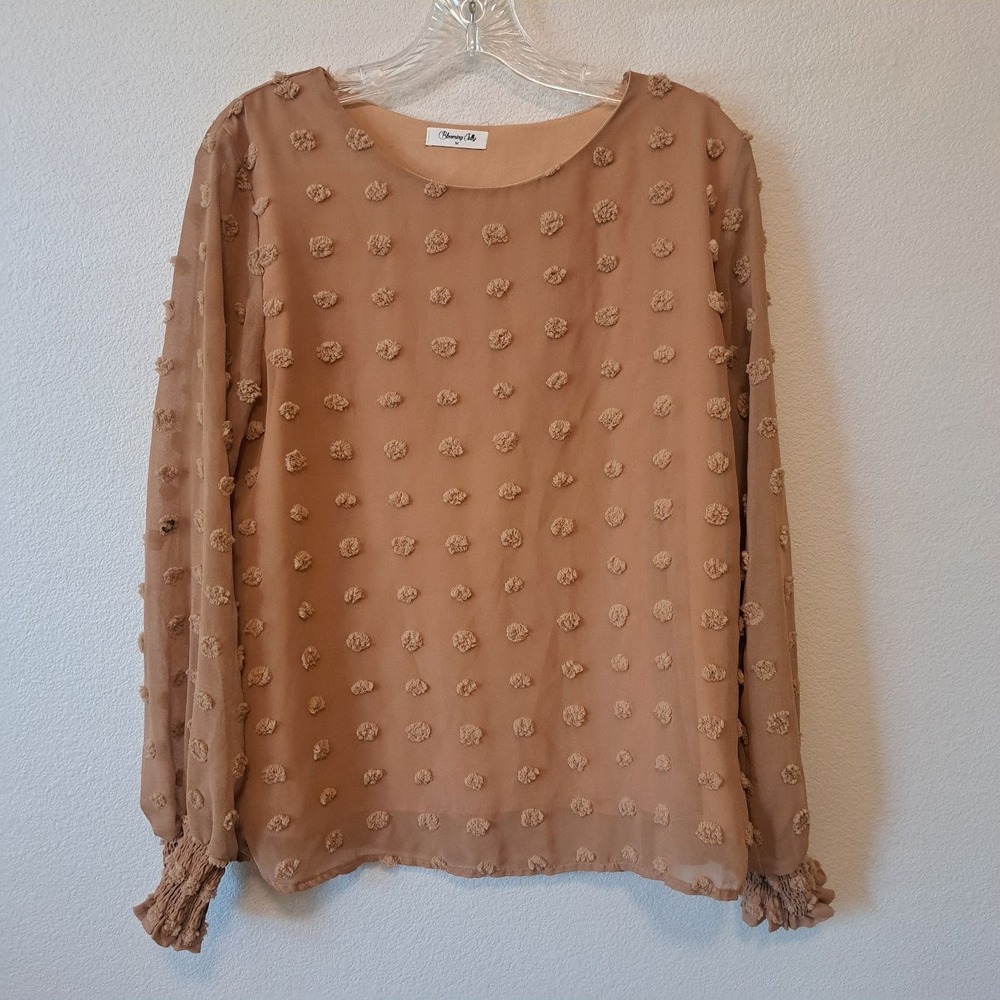 Blooming Jelly Womens Swiss Dot Long Sleeve Blouse Smocked Cuff Tan Camel Medium